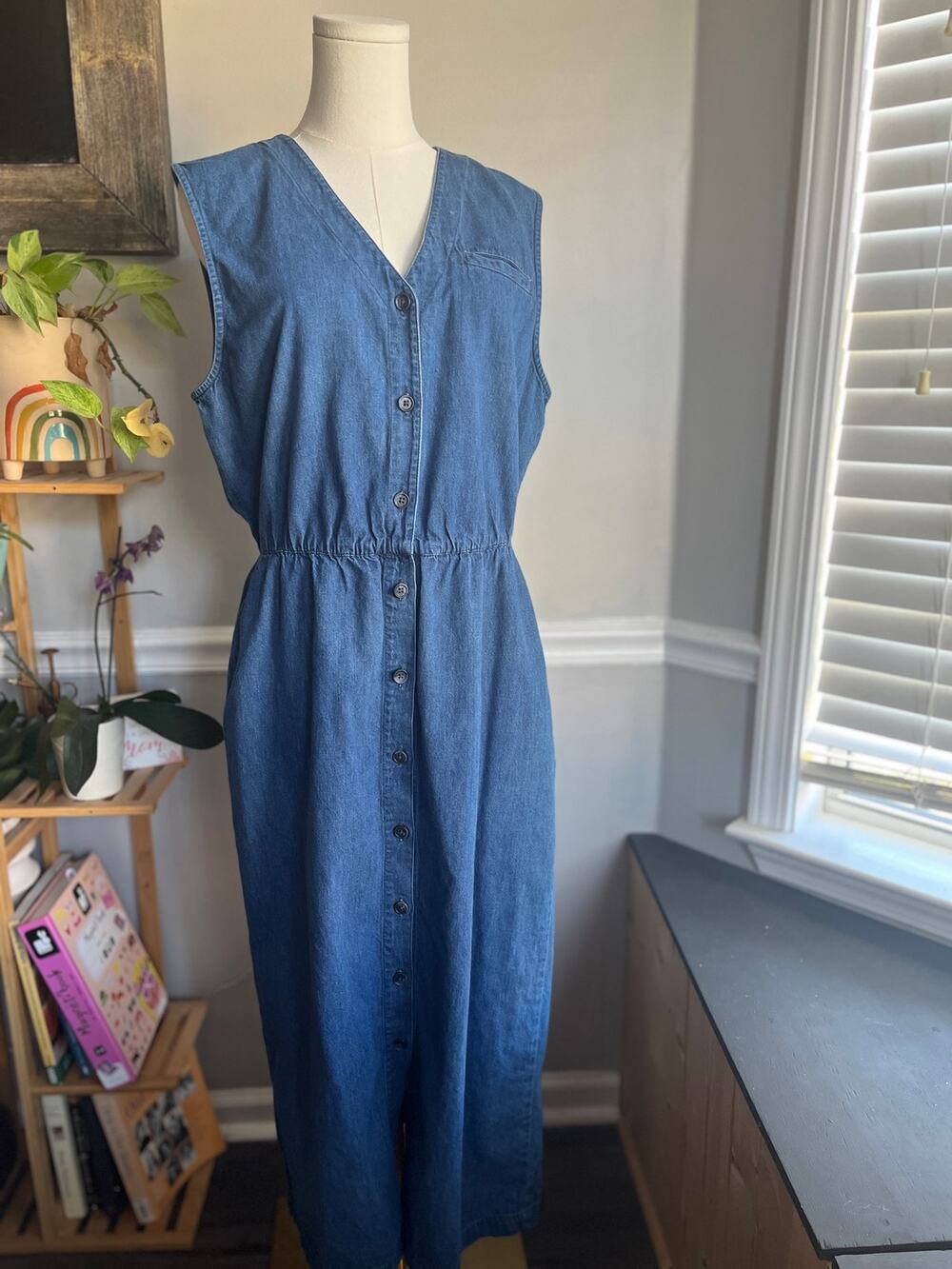 Vintage 90s Denim Maxi Dress Button Front Sleeveless Size Large